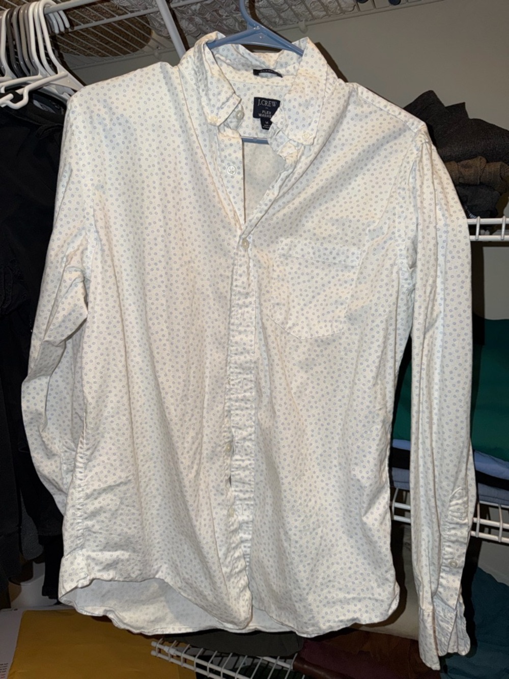 J. Crew Men's Cream Button-Down Shirt with Tiny Blue Dot Pattern